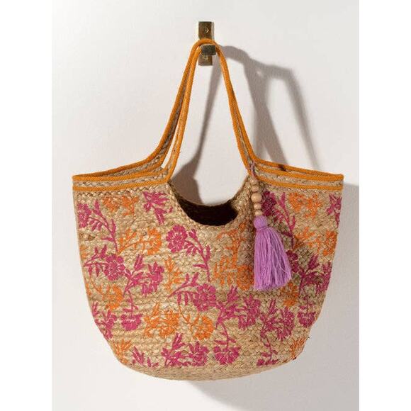 Shiraleah Graziella Floral Jute Tote Tassel Resort Beach Bag NWT main image 0